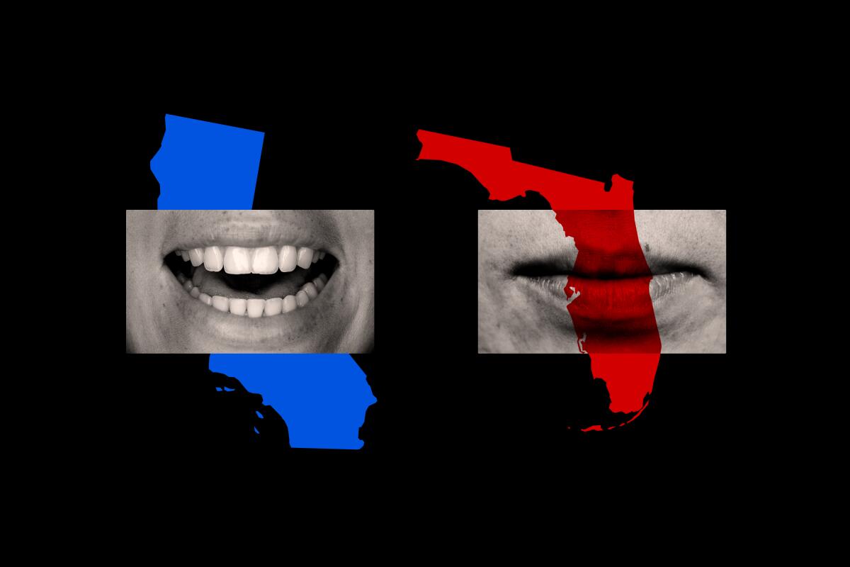 photo illustration of an open mouth over a california shape and a closed mouth behind a florida shape