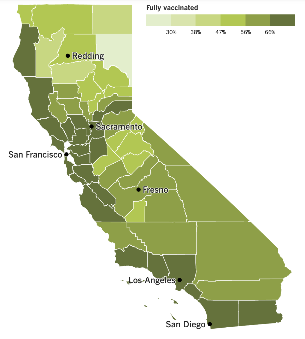 A map showing California's COVID-19 vaccination progress by county as of Feb. 7, 2023.