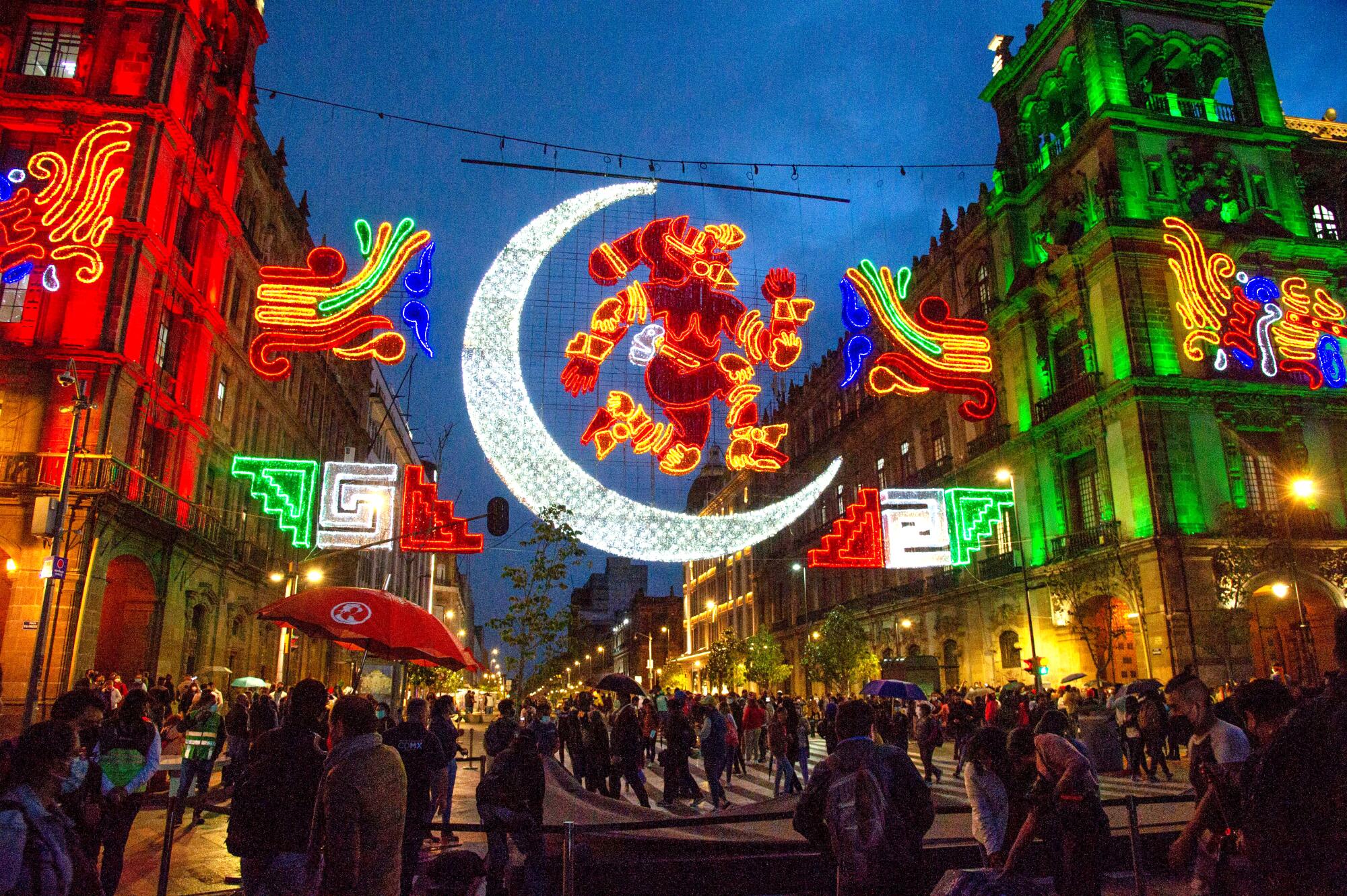 View of the illuminated decorations in Zocalo Square Mexico City