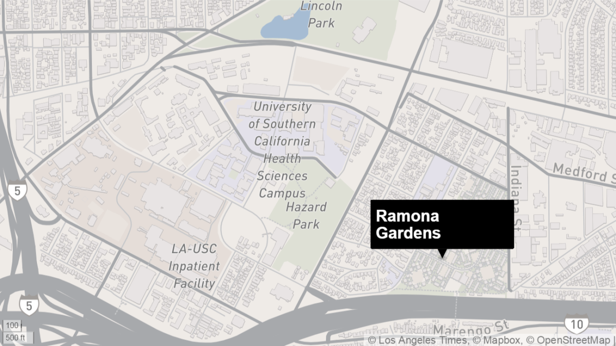 Map shows the Ramona Gardens housing project just north of the 10 Freeway in Boyle Heights.