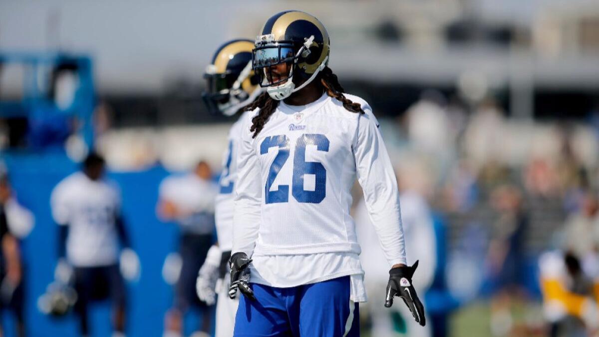 Rams linebacker Mark Barron looks on during the first practice of training camp at UC Irvine on July 30.