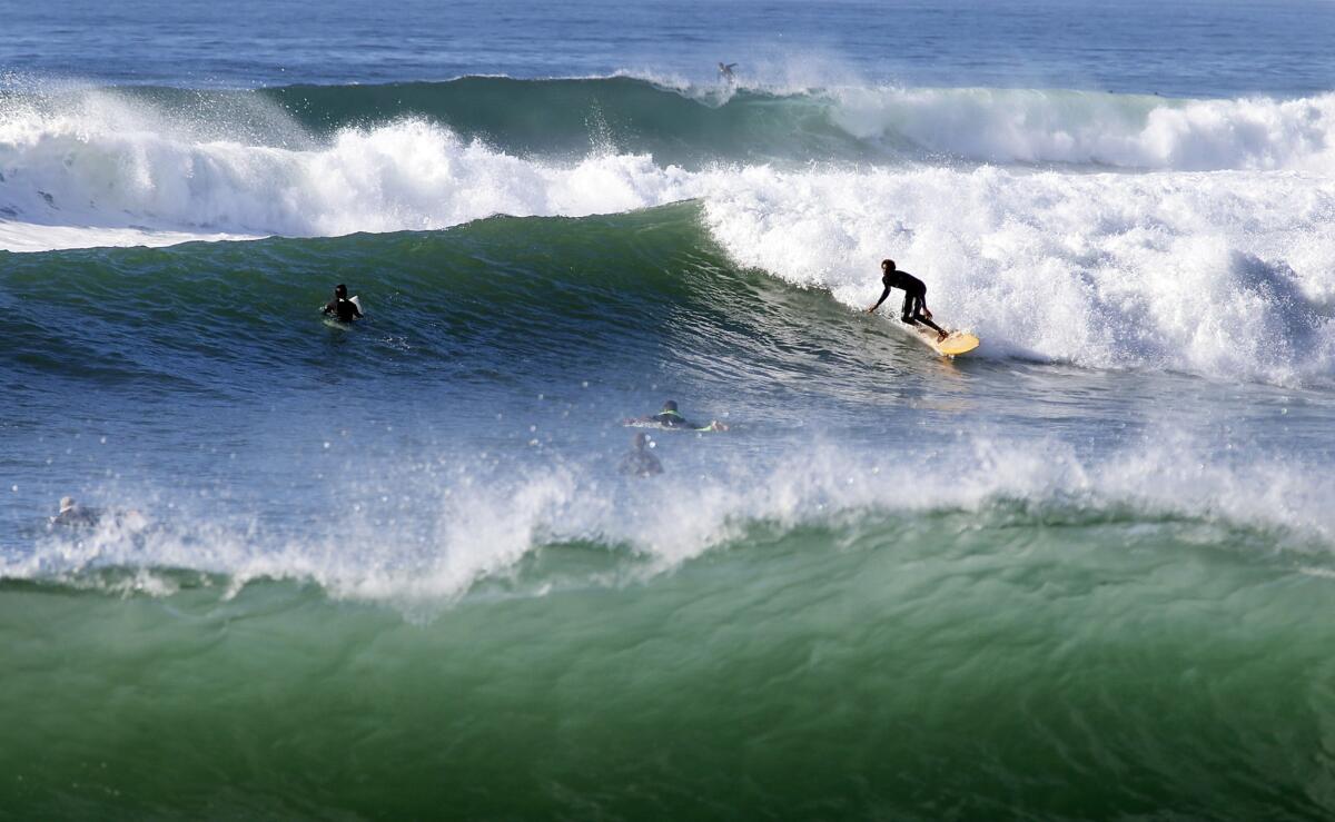 Surfers ride the waves at Surfrider beach next to the Malibu Pier on Wednesday.