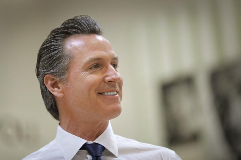 California Lt. Governor Gavin Newsom, a Democrat running for governor, visits the Gary and Mary West Senior Wellness Center, the Serving Seniors location in downtown San Diego during a campaign stop.