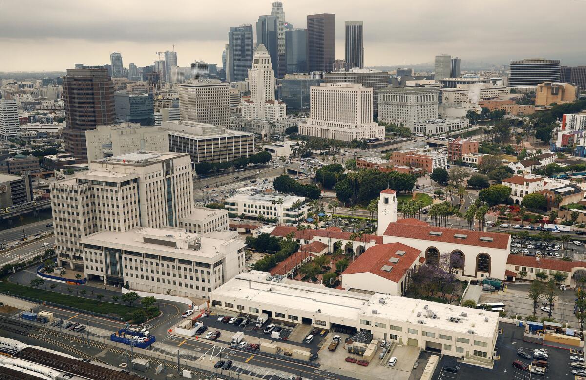 Union Station sits in the shadow of downtown Los Angeles. (Al Seib / Los Angeles Times)