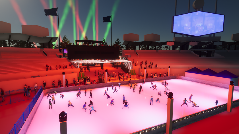 A rendering of an ice rink installed inside a baseball stadium.