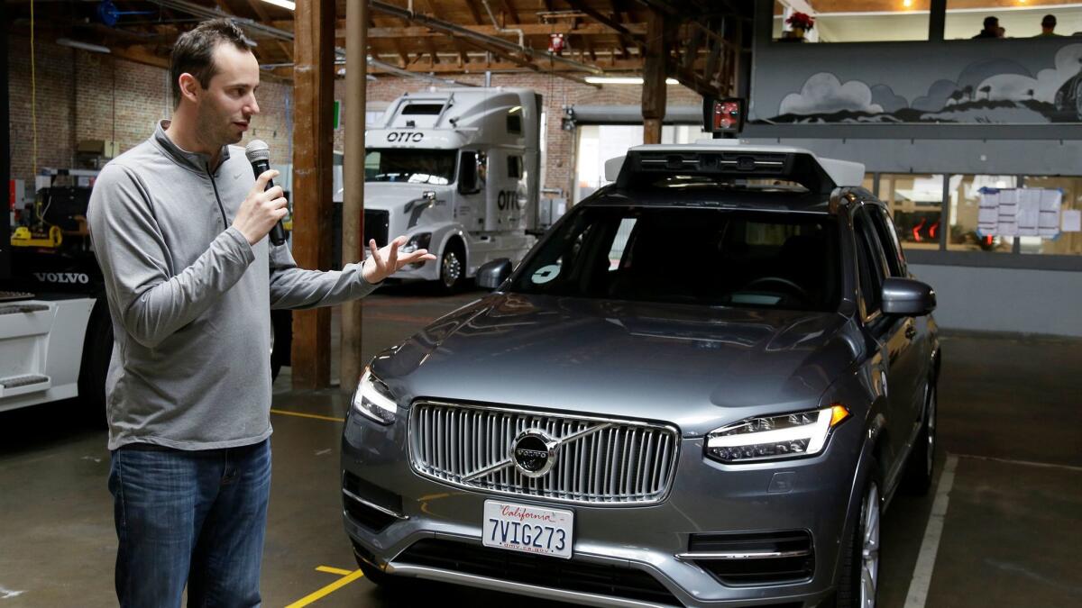 In this Dec. 13, 2016, file photo, Anthony Levandowski, head of Uber's self-driving program, speaks about the company's self-driving car program in San Francisco.