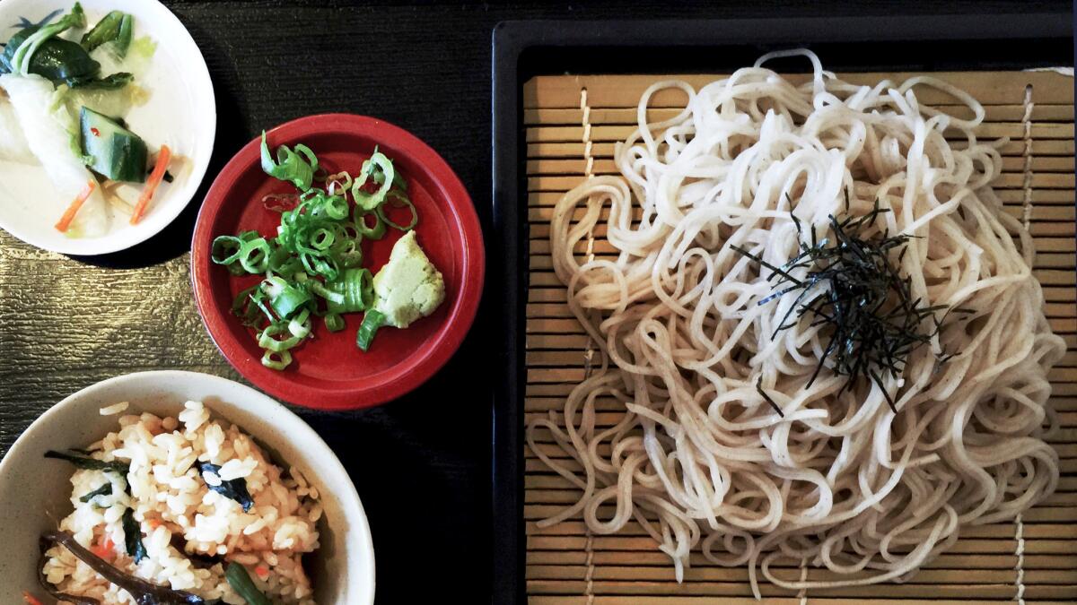 The zaru soba at Ichimi Ann in Torrance is a heap of fresh buckwheat noodles simply flavored with toasted nori.