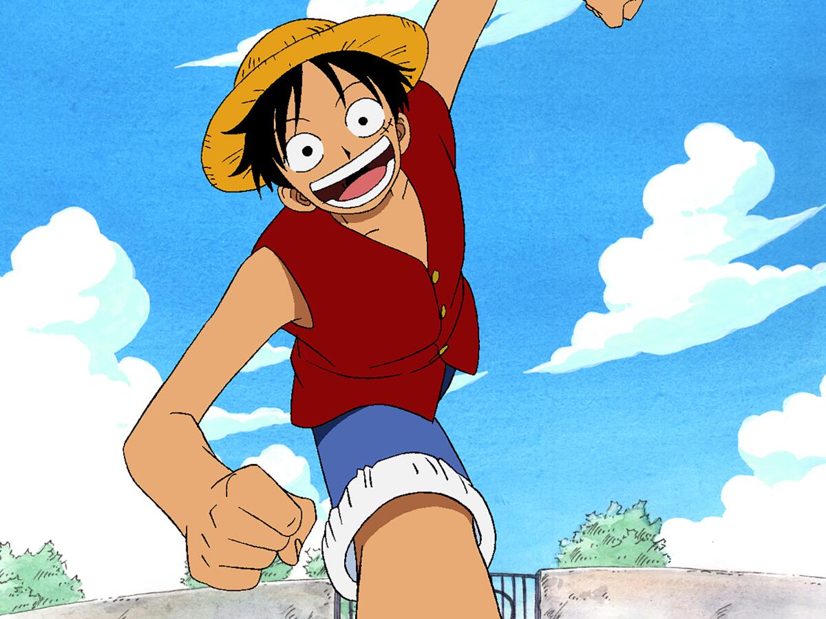 Cartoon image of a boy in a straw hat, red vest and jean shorts smiling with his arms out