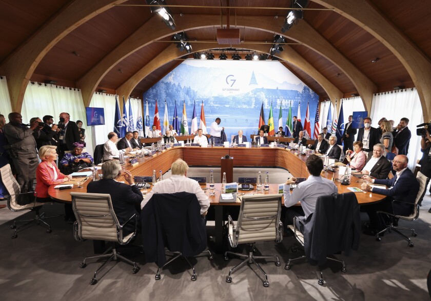 A general view of a G7 leaders meeting with outreach guests as part of the working session of the G7 leaders summit at Castle Elmau in Kruen, near Garmisch-Partenkirchen, Germany, on Monday, June 27, 2022. The Group of Seven leading economic powers are meeting in Germany for their annual gathering Sunday through Tuesday. (Lukas Barth/Pool Photo via AP)