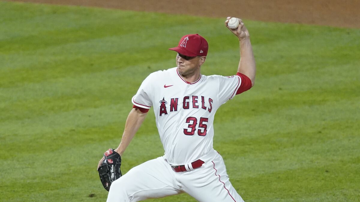 Los Angeles Angels relief pitcher Tony Watson (35) throws during a baseball game against the Chicago White Sox.