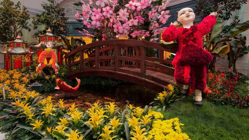 Children appear to be fishing beside a pool stocked with real koi in the Bellagio conservatory’s South Bed. It is part of Las Vegas' celebration of Chinese New Year.