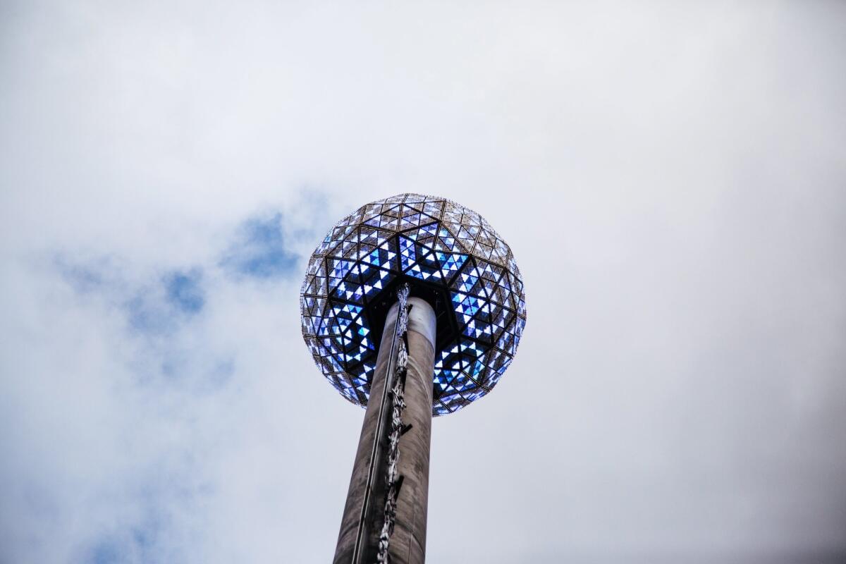 The New Year's Eve ball is tested at One Times Square in New York on Friday.