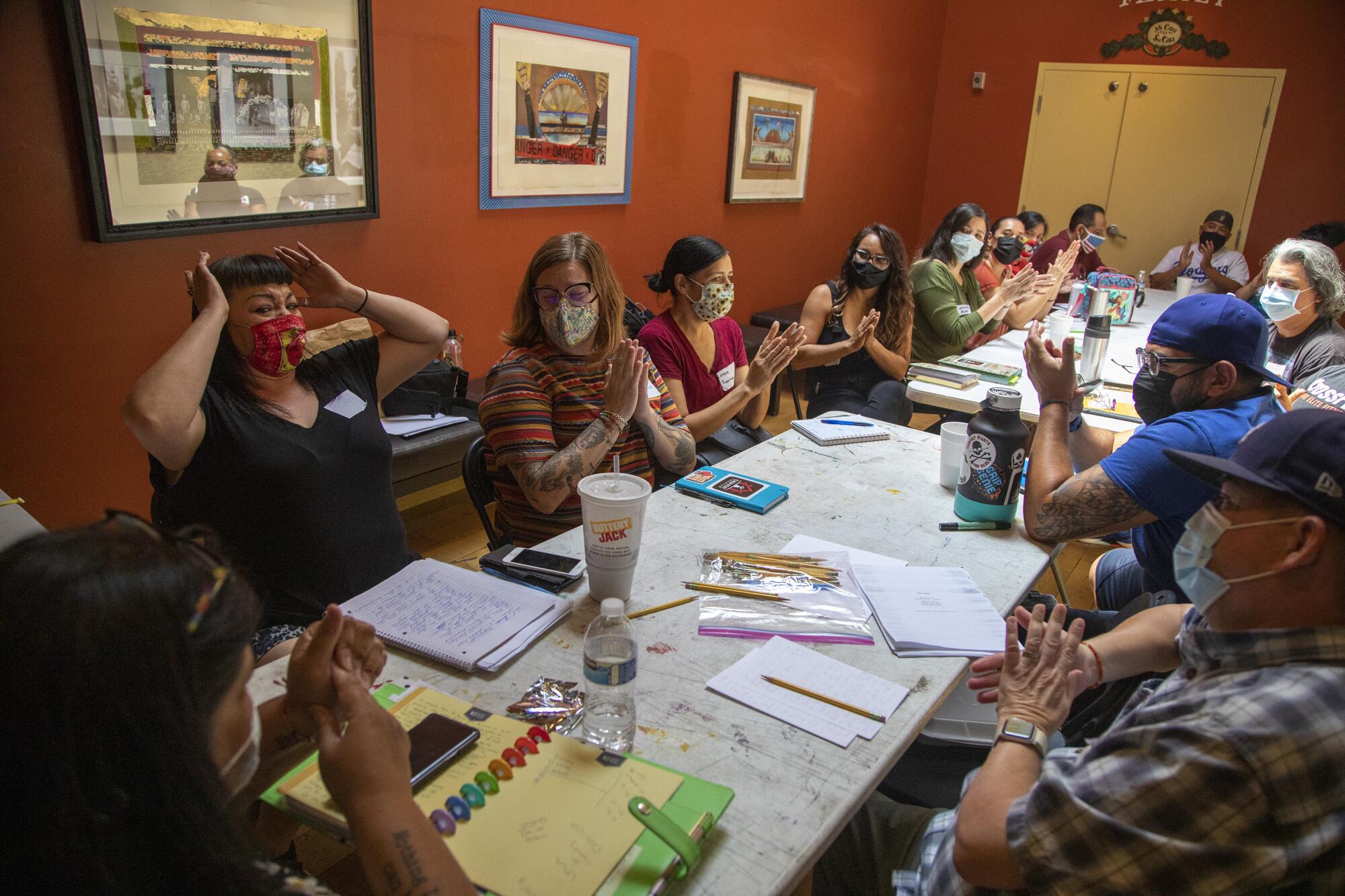 Maggie Lopez, left, during Parents and Caretakers Storytelling program at Casa 0101 July 31, 2021 in Boyle Heights,