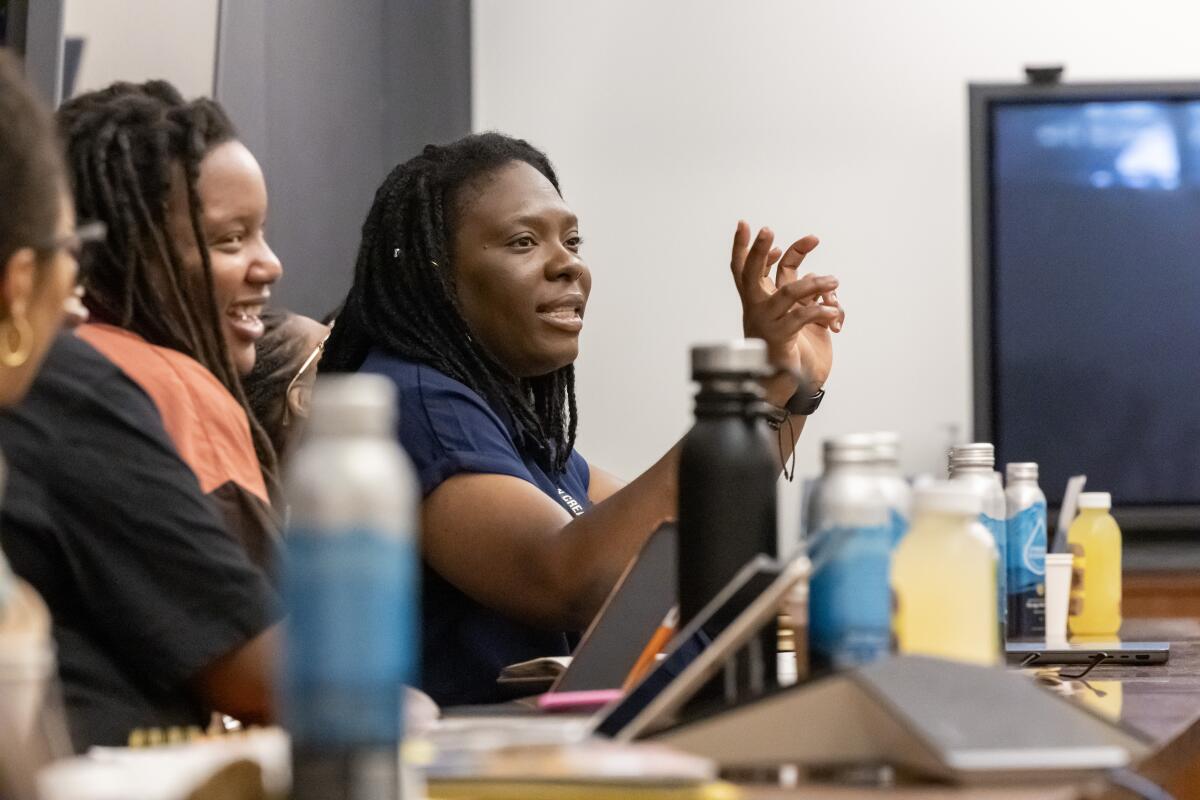 Isioma Osaje, a filmmaker from Nigeria, gestures during a discussion at USC's School of Cinematic Arts.