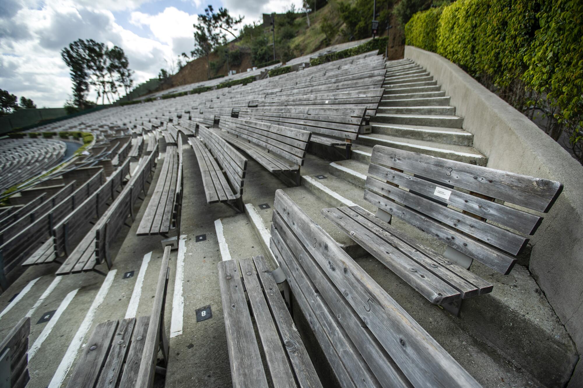 Wooden bench seats at the top (or back) of the Hollywood Bowl amphitheater