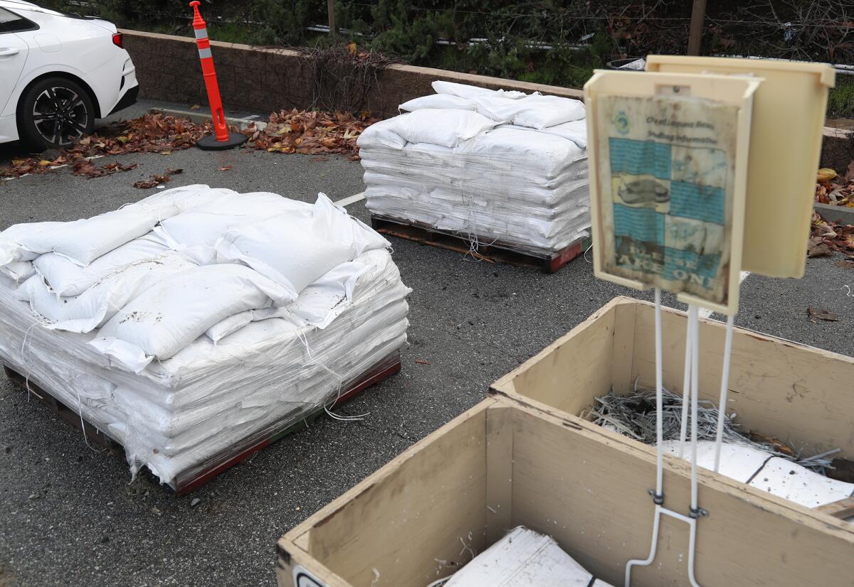 Sand bags are at the ready in the Act V Parking Lot at 1900 Laguna Canyon Road.