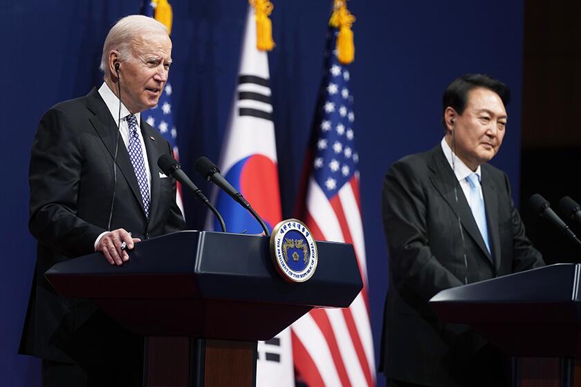 President Biden and South Korean President Yoon Suk Yeol field media questions in Seoul on Saturday.