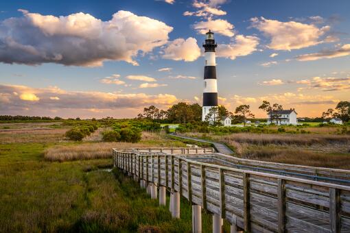 A photo of the Bodie Island Light Station in the Outer Banks of North Carolina, USA.