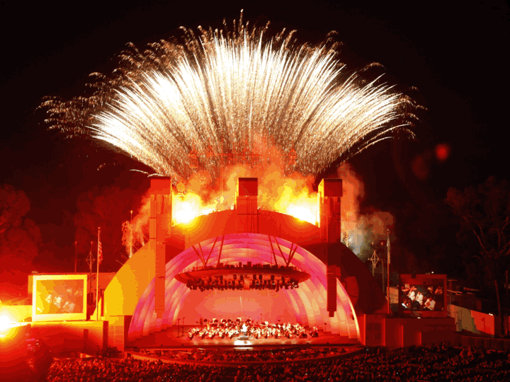 A slideshow includes fireworks at the Hollywood Bowl, a scene from "Hadestown," two actors in "Macbeth," and two dancers