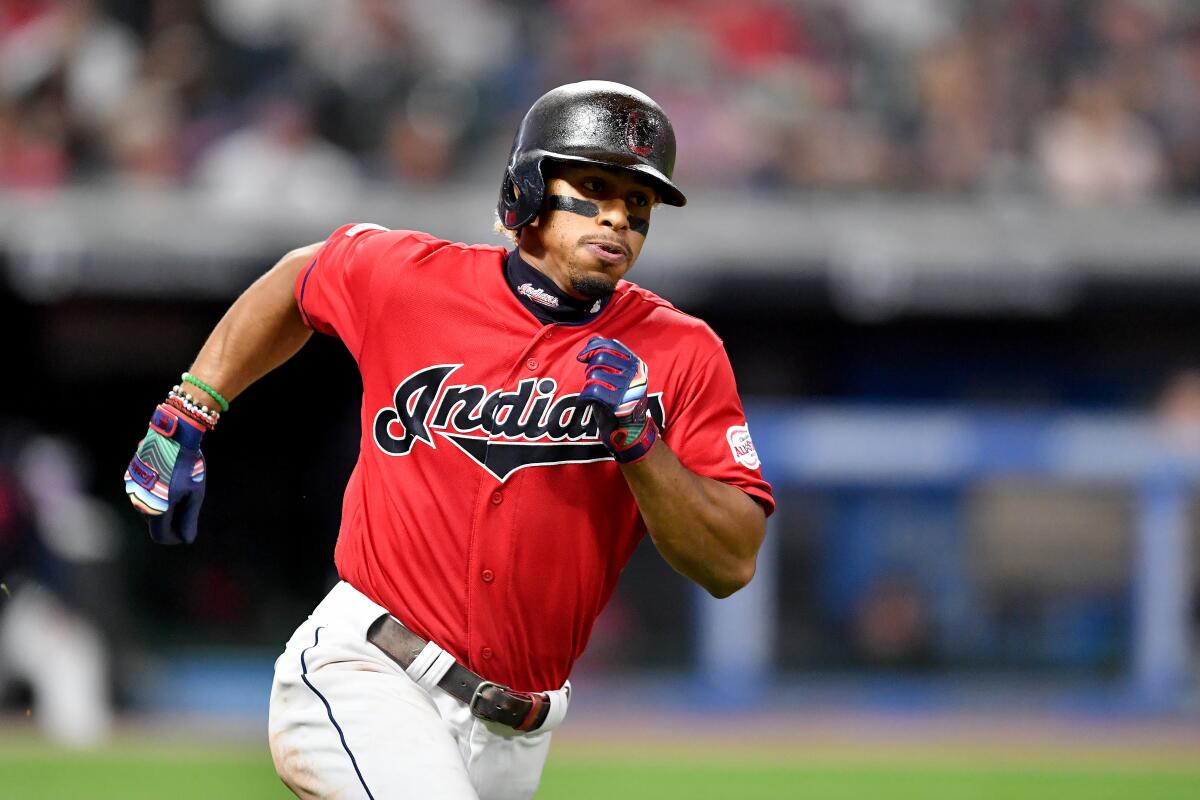 Indians shortstop Francisco Lindor runs out a double during the a game against the Tigers on Sept. 19.