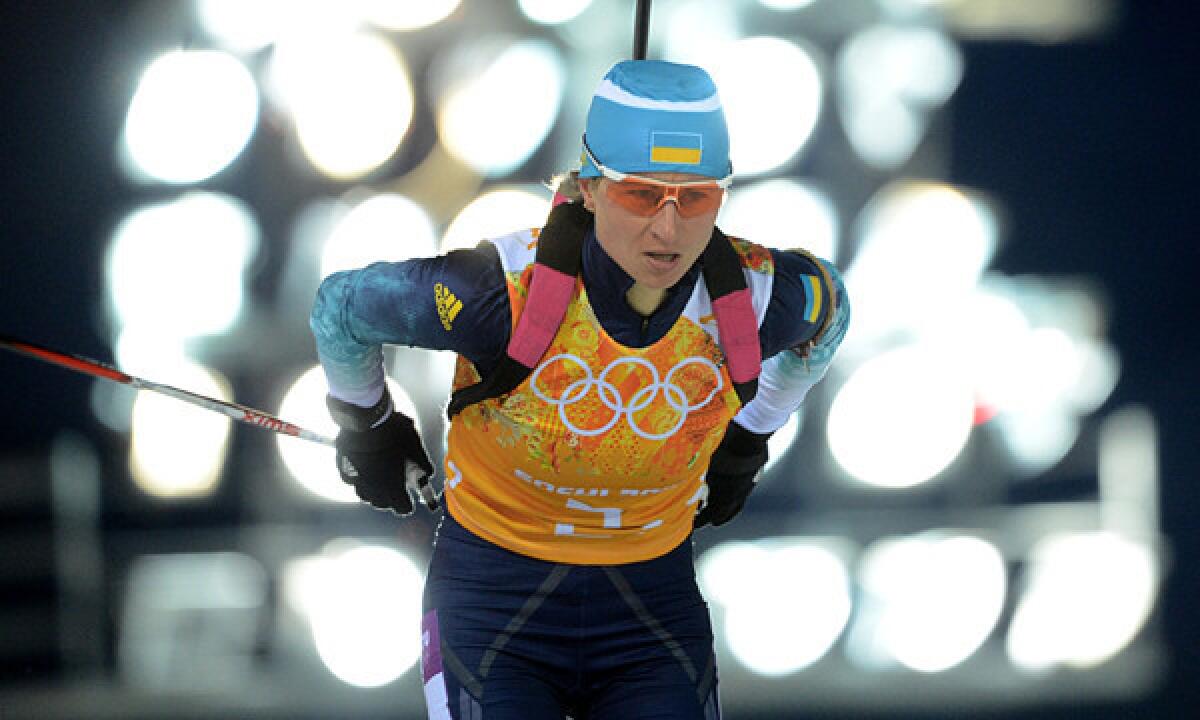 Ukraine's Valj Semerenko competes to win gold in the women's biathlon relay at the Sochi Winter Olympic Games on Friday.