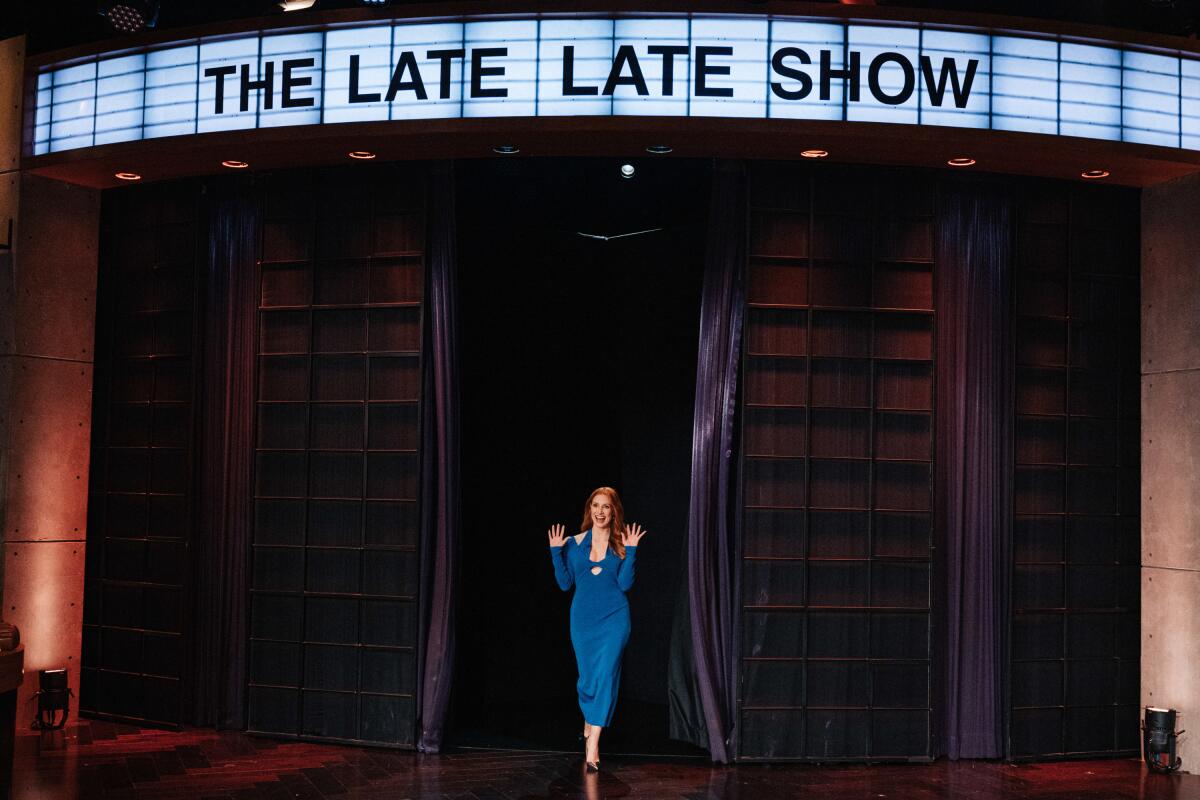 Jessica Chastain walking onto the set of "The Late Late Show With James Corden" in 2022.
