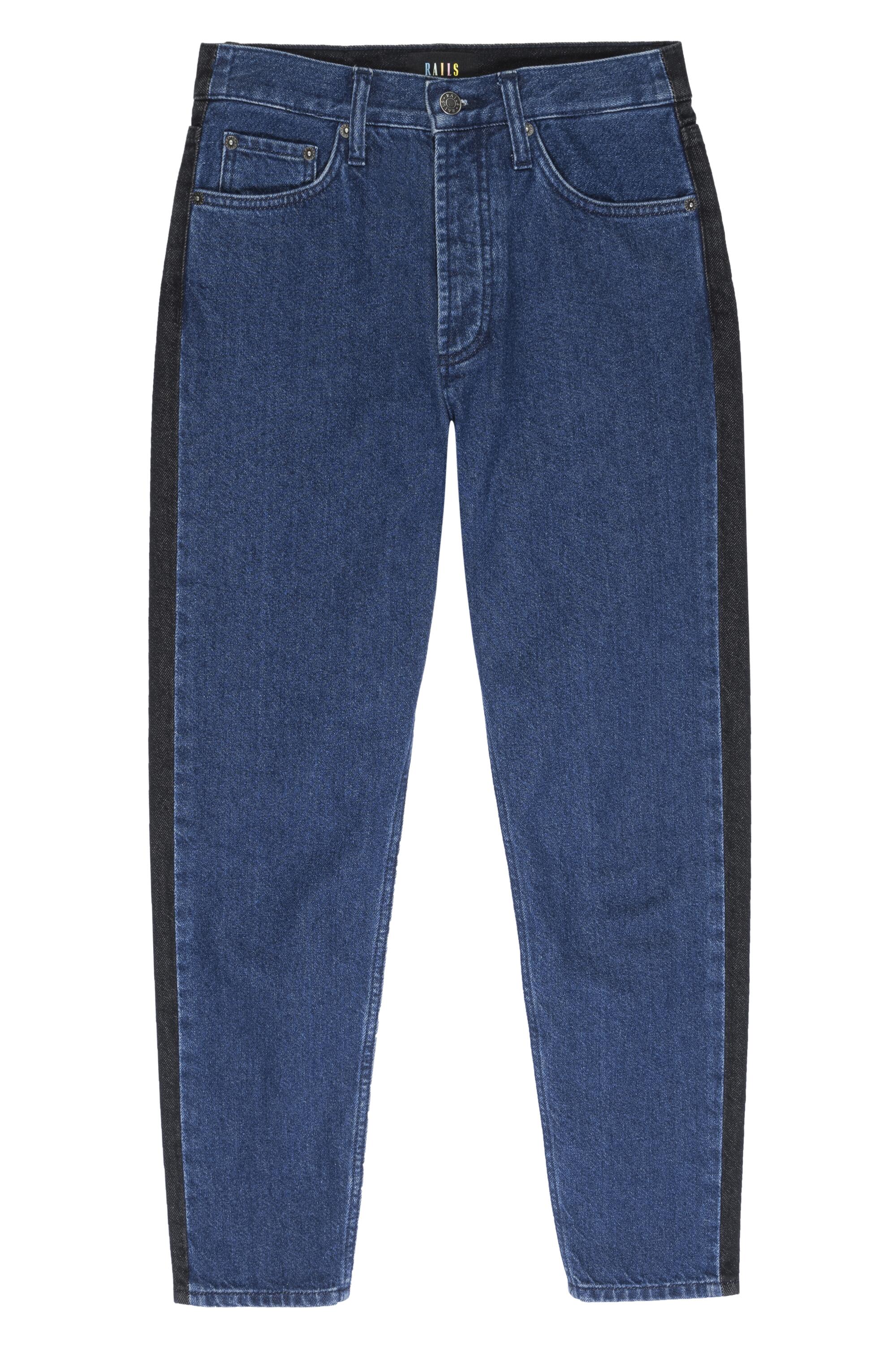 Rails dark blue denim pants with a black denim stripe on either side