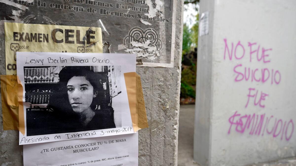 A picture of Lesby Berlin Osorio is seen on a wall on May 5, 2017, near where her body was found outside the Faculty of Engineering of the National Autonomous University of Mexico in Mexico City.