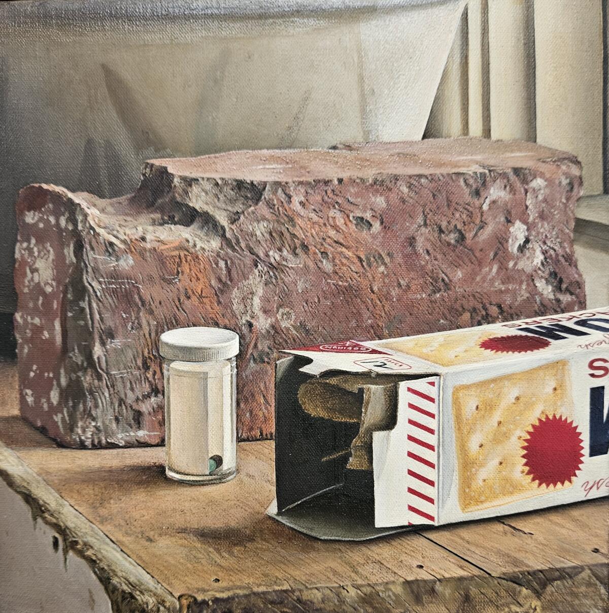An oil painting of a box of crackers, a clear pill case with a single pill, a chipped red brick and a decorated bowl.