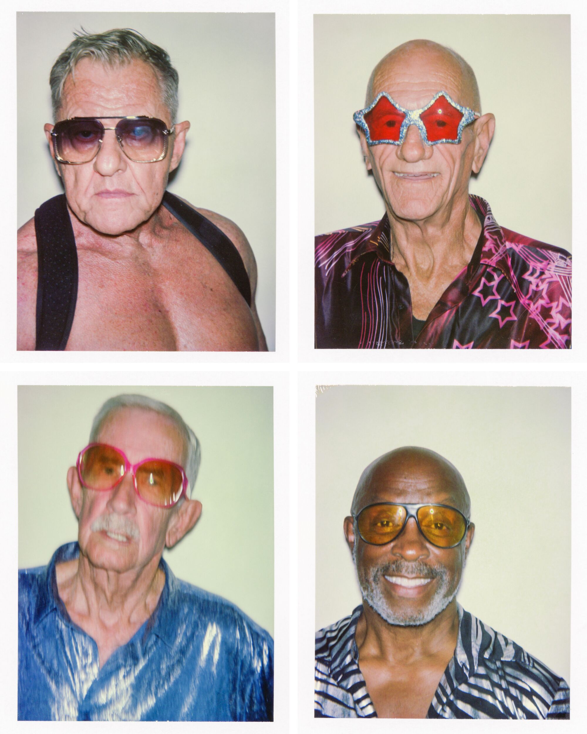 Four instant-photo headshots of old gay men wearing sunglasses, three in animal pattern shirts one wearing just suspenders.