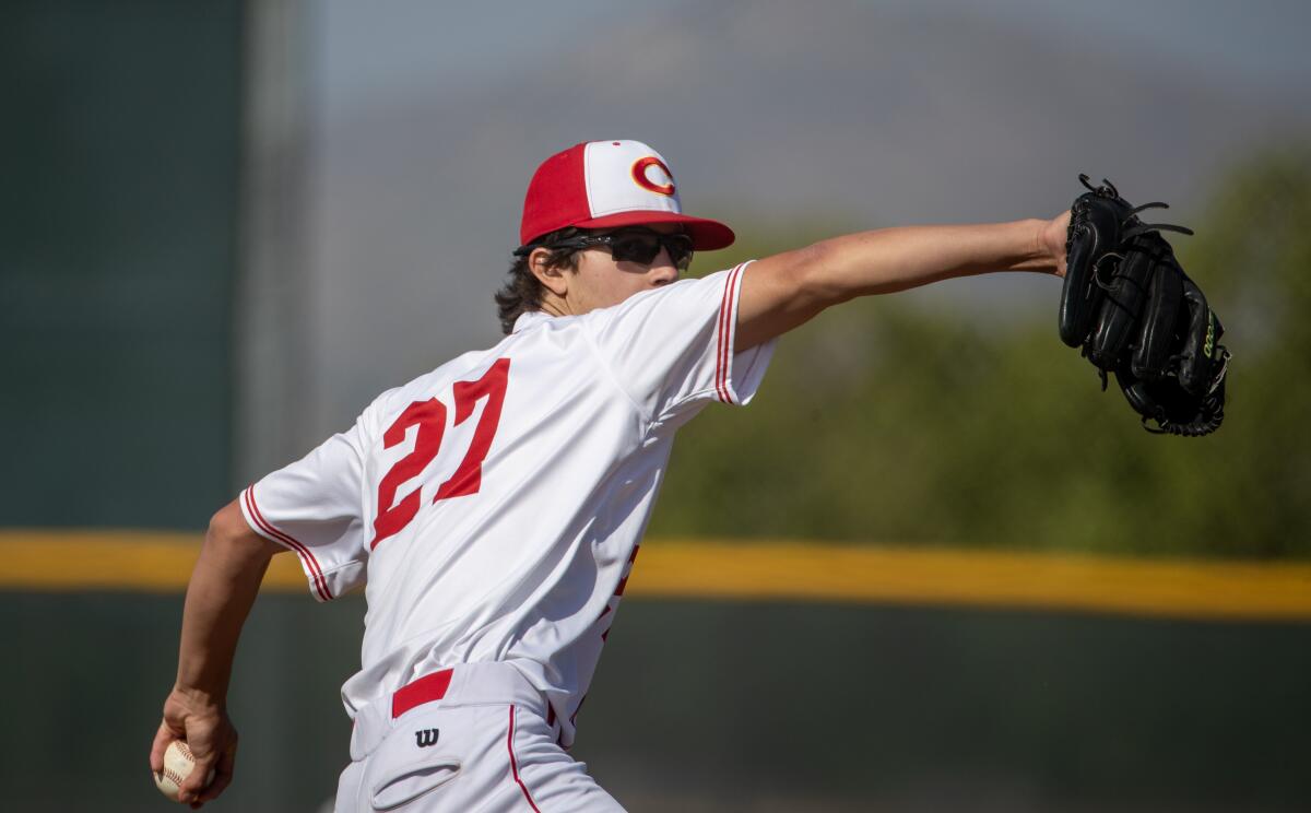 Corona High's Ethan Schiefelbein delivers a pitch.