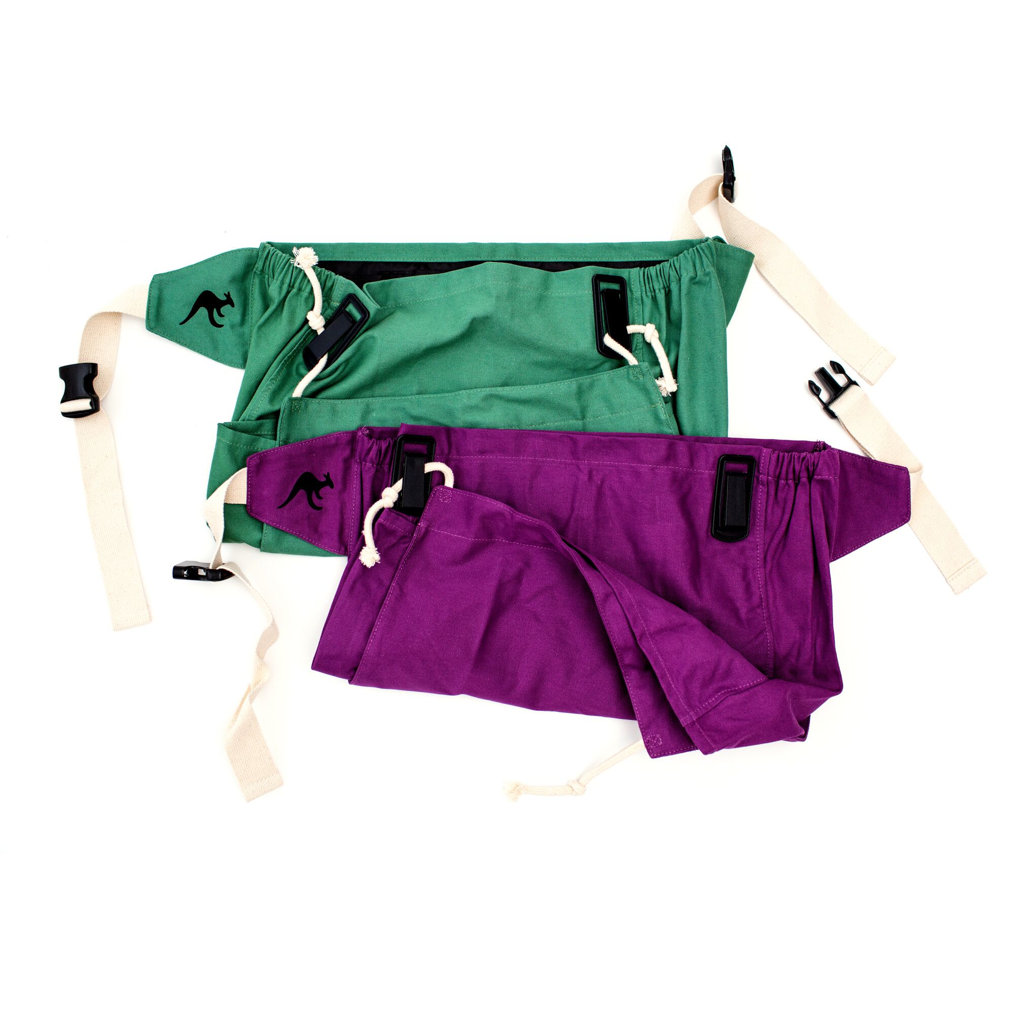 Purple and green aprons.