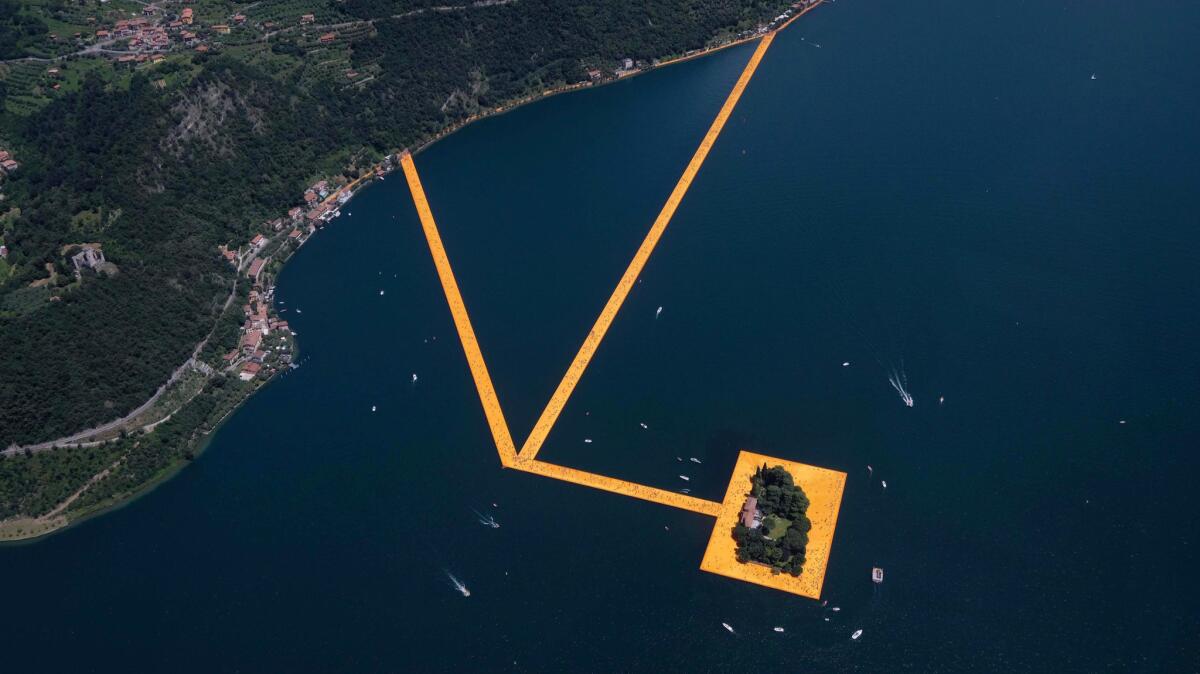 An aerial view of the installation "The Floating Piers" by Christo on Lake Iseo, northern Italy last month.