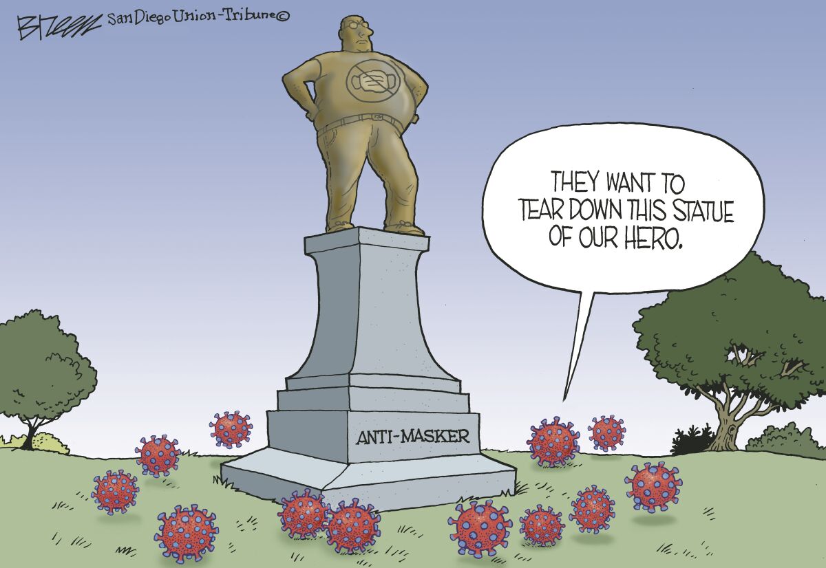 Coronavirus cells are like people gathered around a statue of their 'hero', an anti-masker, in this Breen cartoon