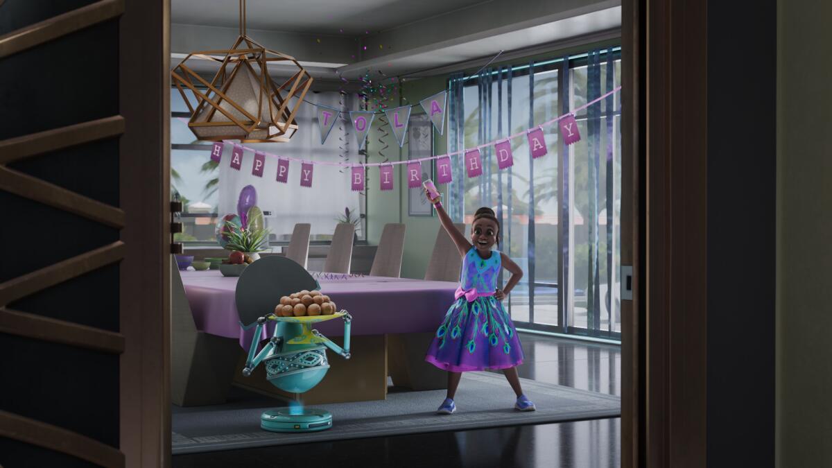 A girl shows off a dining room decorated for her 10th birthday party.