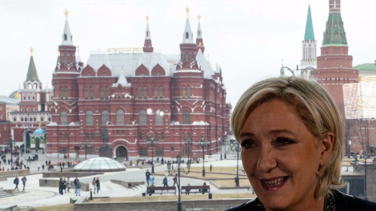 French presidential election candidate for the far-right National Front party Marine Le Pen at Moscow's Hotel National last week.