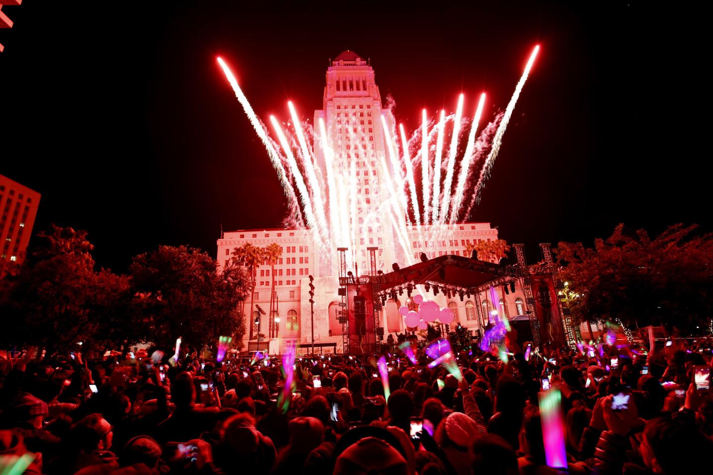 Fireworks mark the new year in Grand Park downtown.