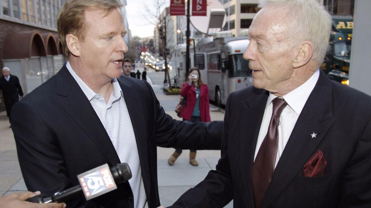 NFL commissioner Roger Goodell, left, and Dallas Cowboys owner Jerry Jones talk during a break in labor negotiations in March of 2011.