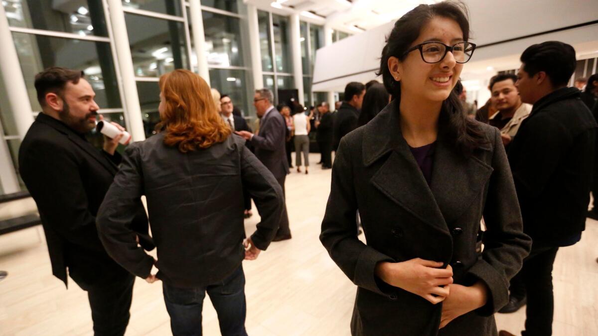 Cal State Northridge student Jazmin Perez, 18, attends the opening night performance Friday of the immigration-themed "Cruzar la Cara de la Luna" (To Cross the Face of the Moon) at the Younes and Soraya Nazarian Center for the Performing Arts.