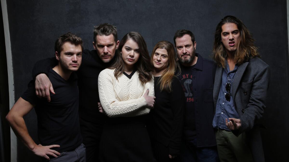 From left, From the movie "Ten Thousand Saints," Emile Hirsch, Ethan Hawke, Hailee Steinfeld, filmmakers Shari Springer Berman & Robert Pulcinion and Avan Jogia at the L.A. Times photo & video studio at the 2015 Sundance Film Festival.