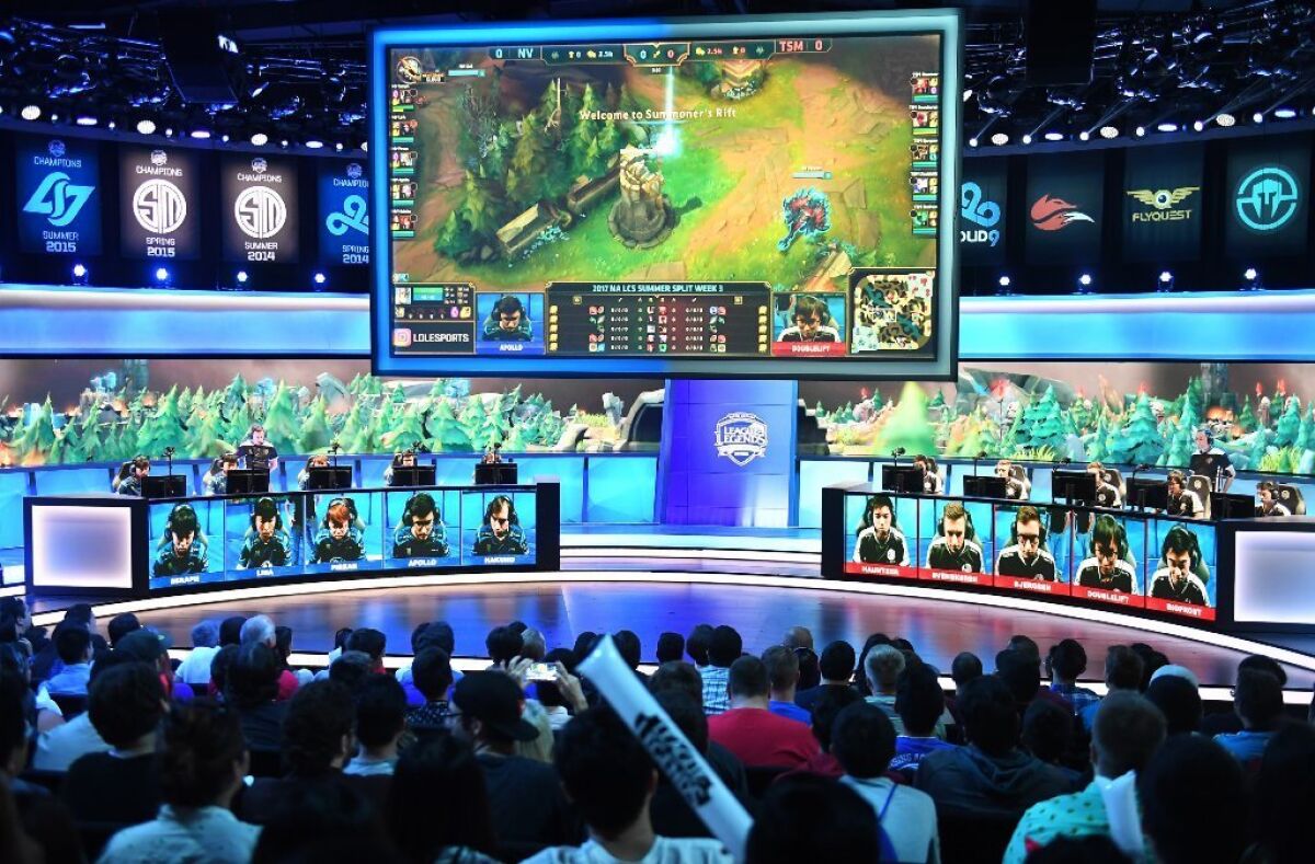 Teams compete in the "League of Legends" championship series at NA LCS Studio in Los Angeles on June 18.