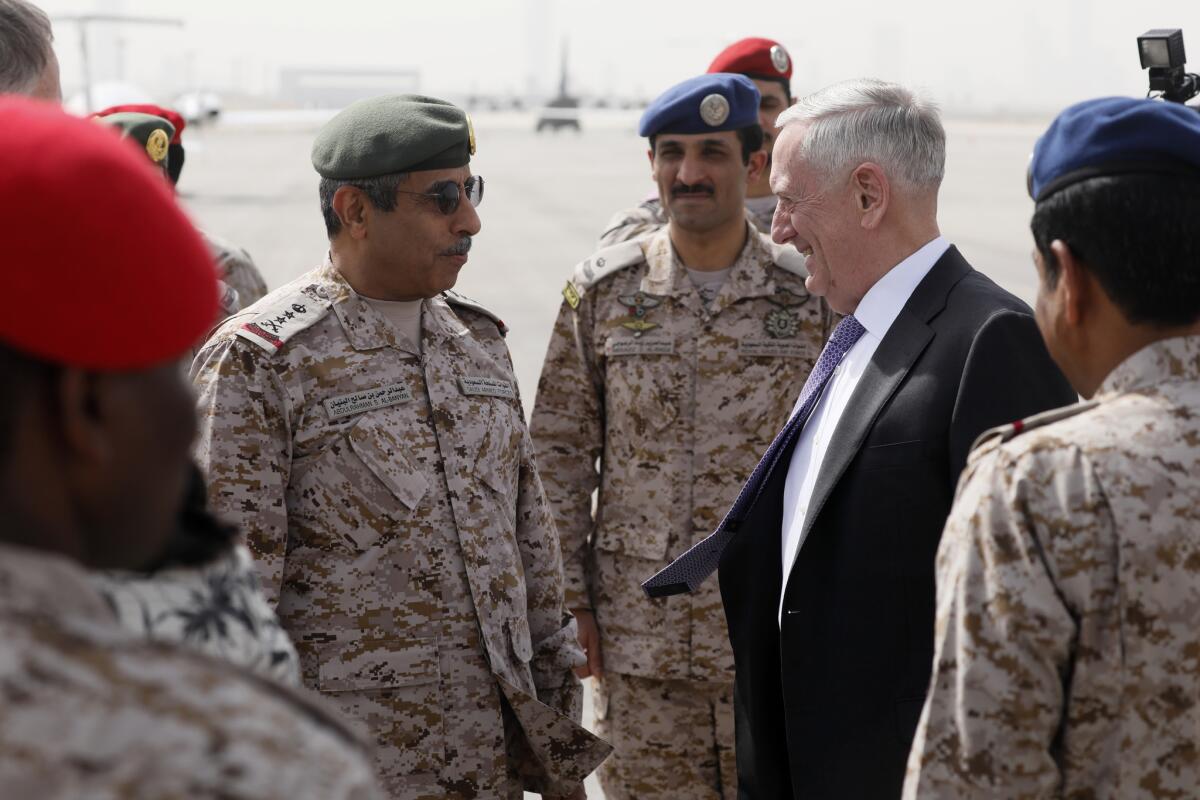 U.S. Defense Secretary James Mattis, right, is greeted by Saudi Armed Forces Chief of Joint Staff Gen. Abdul Rahman Al Banyan, left, upon his arrival at King Salman Air Base in Riyadh, Saudi Arabia, on Tuesday.