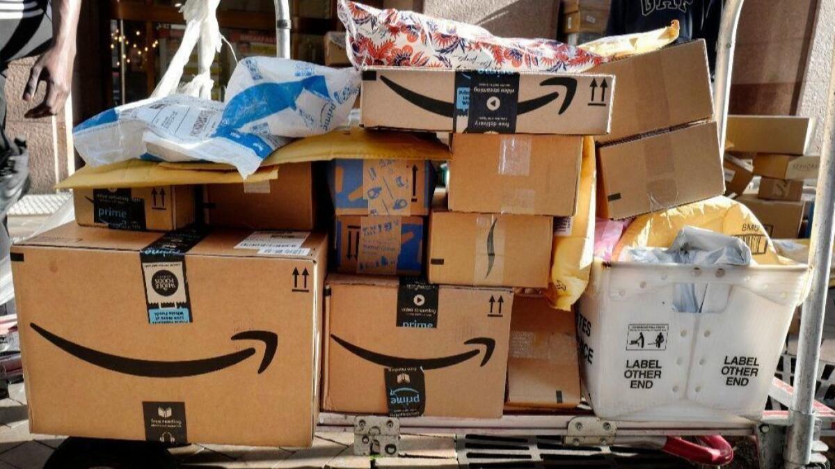 Amazon Prime boxes being readied for delivery in New York.