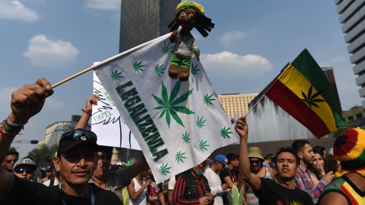 Activists march along Reforma Avenue in Mexico City on May 6, 2017, demanding the legalization of marijuana.