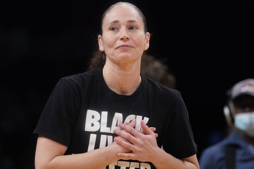 Seattle Storm guard Sue Bird before the start of a WNBA basketball game.