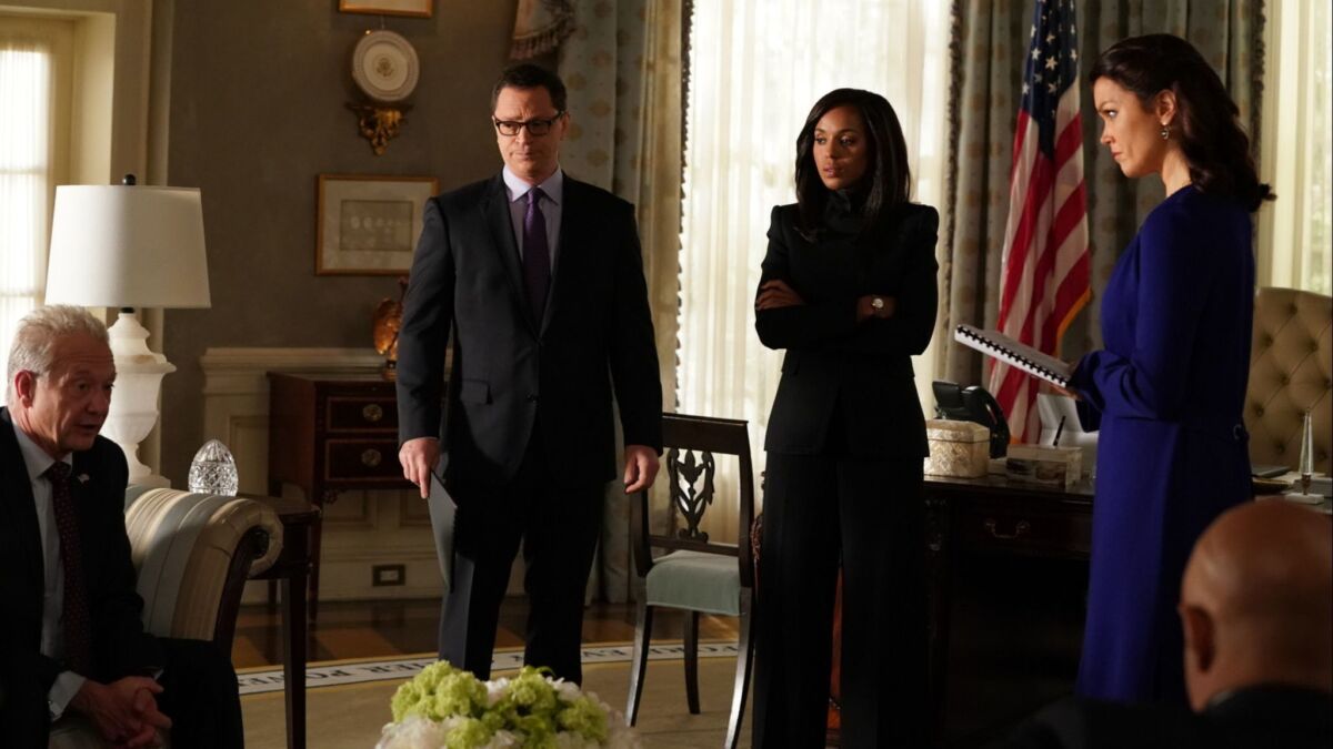 Jeff Perry, left, Joshhua Malina, Kerry Wasghington, and Bellamy Young in a scene from the final season of "Scandal."