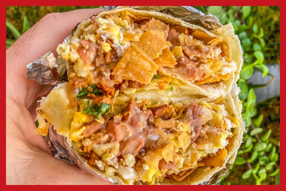 Tacos Villa Corona’s chilaquiles chorizo burrito
