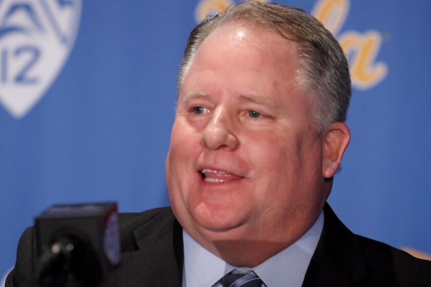 LOS ANGELES, CALIF. - NOV. 27, 2017. New UCLA head football coach Chip Kelly meets with reporters during a press conference Monday, Nov. 27, 2017, at Pauley Pavilion in Westwood. Kelly has signed a five-year, $23.9 million contract and replaces fired coach Jim Mora. (Luis Sinco/Los Angeles Times)