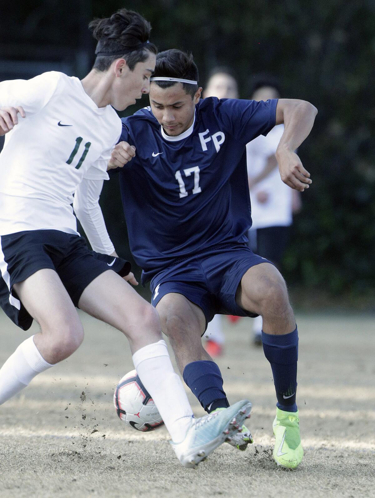 Flintridge Prep's Silas Chavez stops and cuts with the ball with Providence's Shant Avedikian defending in a Prep League boys' soccer game at Flintridge Preparatory School in La Canada Flintridge on Wednesday, January 29, 2020. Providence won the game 1-0 after scoring in the first half.