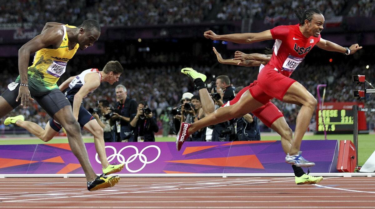 Aries Merritt of the U.S. crosses the finish line to win the gold medal in the 110-meter hurdles at the London Olympics.